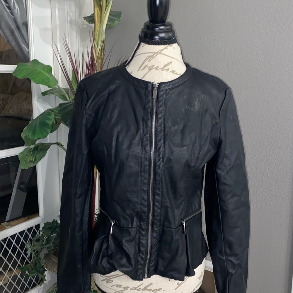 Women's Black Faux Leather Zip Jacket M